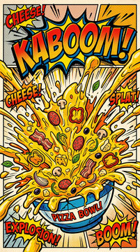 Comic book style illustration of a pizza bowl explosion with cheese and toppings.
