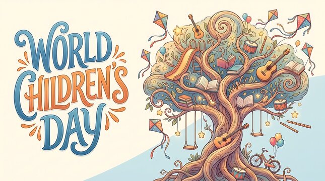 Whimsical World Children's Day Illustration Featuring a Tree of Dreams with Toys, Books, and Musical Instruments, Vintage Hand-Lettered Design