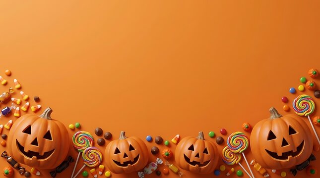 Halloween background with carved pumpkins and assorted candies on orange surface