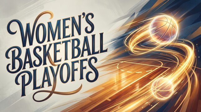 Dynamic Women's Basketball Playoffs Typography Banner with Glowing Basketball, Golden Light Trails, and Motion Effects on Professional Court Background