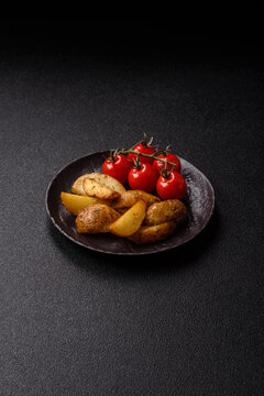 Fried potato wedges seasoned with salt and spices, ready for dinner table. Fried potato wedges