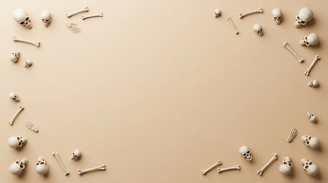 Top view of human skulls and bones arranged as a frame on a beige background, halloween concept