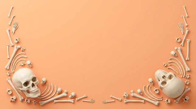 Human skulls and various bones arranged as a frame on a solid pastel orange background with copy space for text
