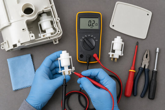 Close-up of gloved hands checking an appliance float switch with multimeter probes during repair and maintenance work.