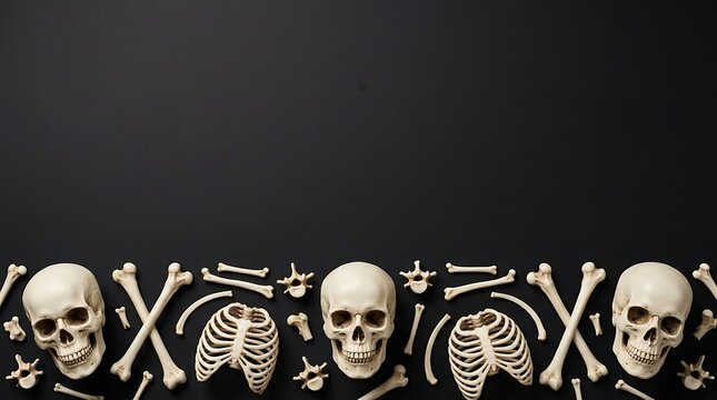 Human skulls and various bones arranged in a pattern on a black background