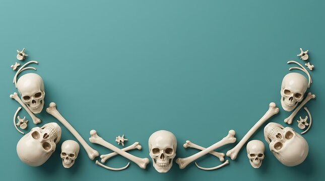 Composition of human skulls and bones arranged in a semicircle frame on a teal background
