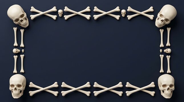 Halloween frame made of human skulls and crossbones on a dark blue background