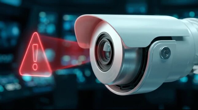Surveillance camera scanning with red warning sign