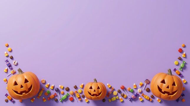Halloween background with carved pumpkins and assorted candies on a purple surface