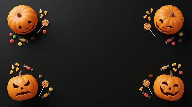 Halloween background with carved pumpkins and assorted candies arranged in corners on black surface