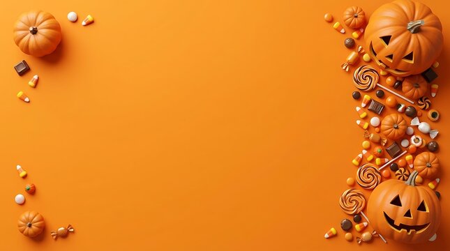 Halloween background with pumpkins and assorted candies arranged on the right side on an orange surface