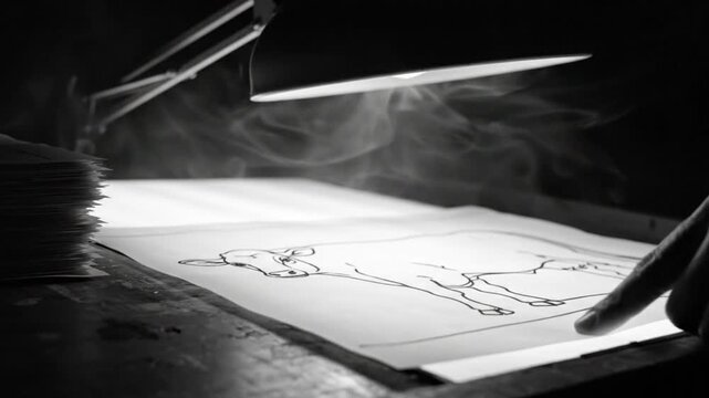 Black and white close-up of a hand tracing a cow sketch under a bright lamp with smoke in the background.