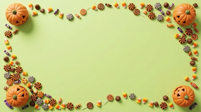 Halloween candy frame with pumpkins on a light green background, top view with copy space for text