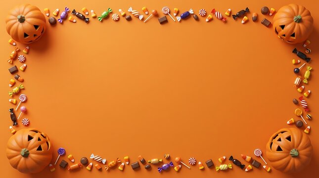 Halloween background with pumpkins and assorted candies arranged in a frame on an orange surface