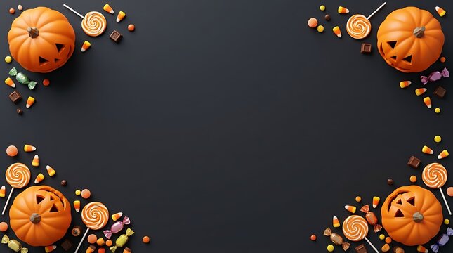 Halloween background with pumpkins, lollipops, and candy corn on black surface