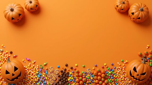 Halloween background with jackolantern pumpkins and assorted candies on an orange surface