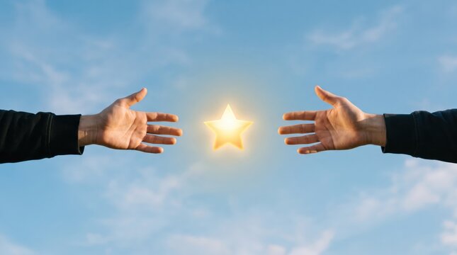 Two hands reaching towards a glowing golden star in the blue sky, symbolizing hope, dreams, achievement, success, and spiritual connection, inspiring for future goals, aspiration