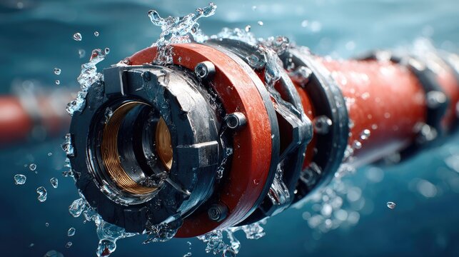 Underwater Connection: A robust industrial cable connection, submerged in water, showcases intricate mechanical details and the dynamic splash of water around its robust housing.