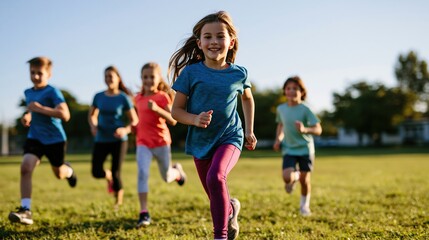 Fototapeta premium Happy children running together outdoors on sunny day