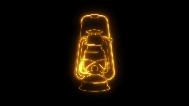 Yellow neon outline of an old-fashioned kerosene lantern on a black background