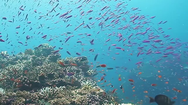 Witness a breathtaking underwater journey as swarms of vibrant fish dance around lush coral formations, creating a lively and rich ecosystem in the warm ocean waters.