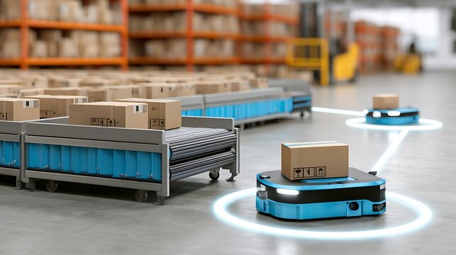 Automated warehouse robot (AGV) carrying a cardboard box on a digital path, symbolizing smart logistics, AI technology, and industrial automation efficiency- 3D rendering