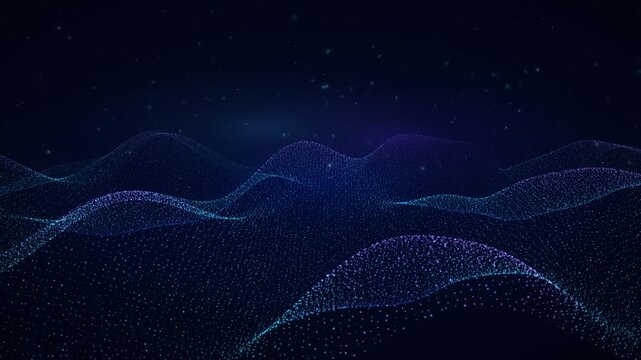 Abstract futuristic digital landscape with glowing purple and blue particle waves on dark night background