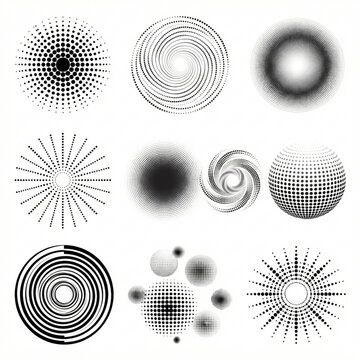 Halftone circular shapes set with dots spirals sunbursts and spheres in black and white dot spirals sunburst