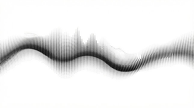 Abstract halftone sound wave graphic made of black dots creating audio frequency visualization with dot matrix