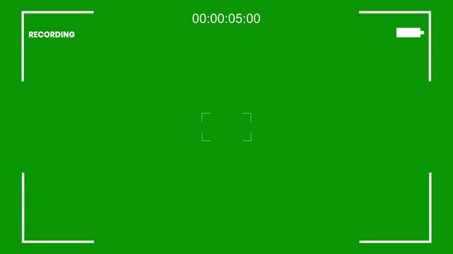 Retro vhs camcorder frame overlay, play icon timer analog glitch noise, camera recording screen animation, vintage video recorder UI display, alpha channel template, green background video
