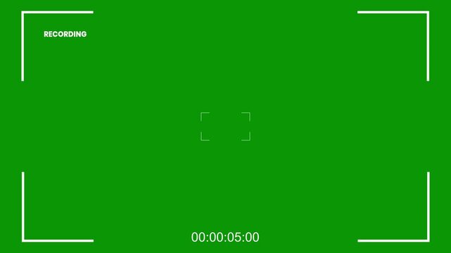 Camera recording screen overlay, mirrorless cam viewfinder frame animation template, digital video recorder user interface display, setting time data production design, green background video
