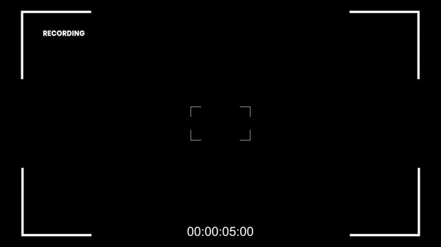 Camera recording screen overlay, mirrorless cam viewfinder frame animation template, digital video recorder user interface display, setting time data production design, black background video