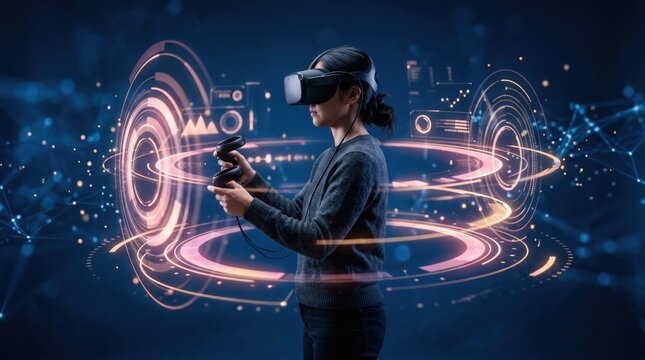 Young woman wearing virtual reality headset and holding controllers, immersed in futuristic augmented reality interface with glowing orange rings, representing metaverse gaming