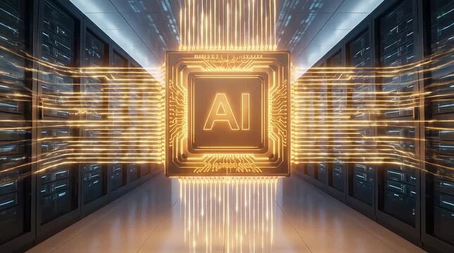 Zooming into glowing artificial intelligence chip in server room