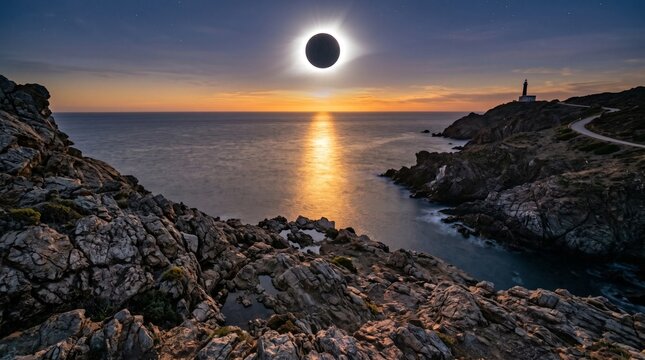 Total Solar Eclipse Over Coastal Ocean with Lighthouse Landscape