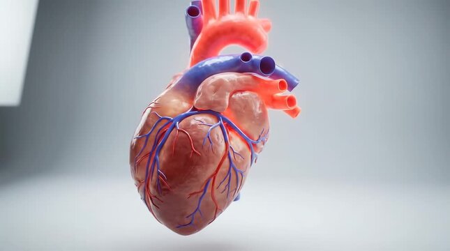 Human heart anatomical model rotating in space