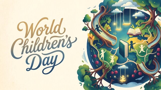 World Children's Day Illustration Featuring Earth as a Whimsical Playground with Kids Silhouettes, Books, and Nature for Global Unity and Education