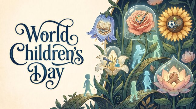 World Children's Day Celebration Illustration with Whimsical Flowers Representing Education, Art, Science, and Global Unity for Kids' Potential