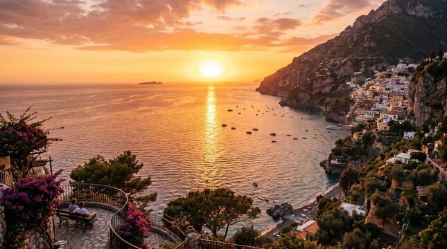 A picturesque sunset view over the Tyrrhenian Sea featuring the cliffside village of Positano along Italy's scenic Amalfi Coast.