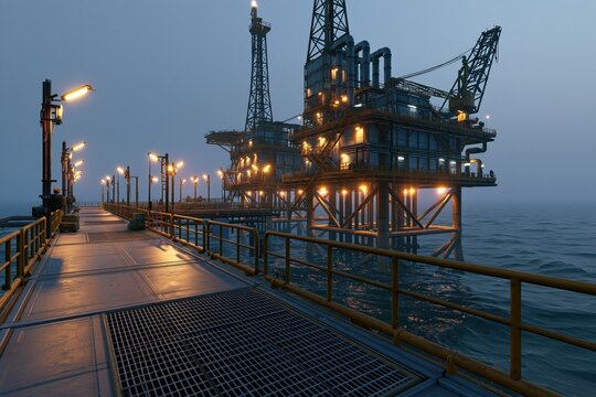 Marine processing platform illuminated during early evening operations