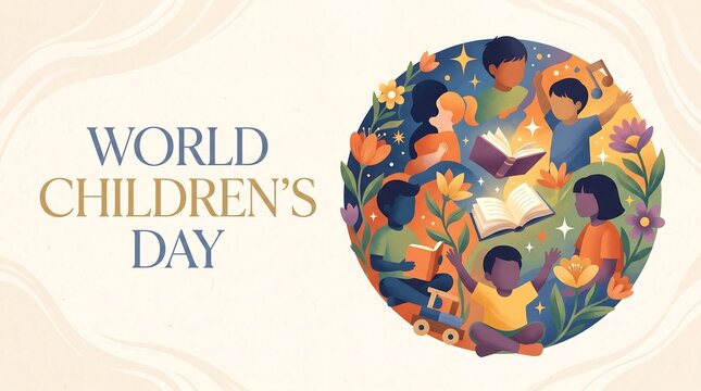 World Children's Day Illustration with Diverse Children Reading Books and Playing, Global Celebration Banner for Education and Kids Rights