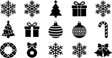 Fototapeta premium Christmas holiday black silhouette icon vector set featuring snowflakes trees gift boxes baubles bells and winter wreaths on white background
