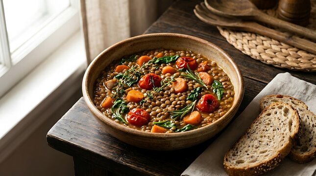 Bowl of delicious lentil soup with fresh vegetables and sliced bread on a dark wooden table. Kosher meal ideas
