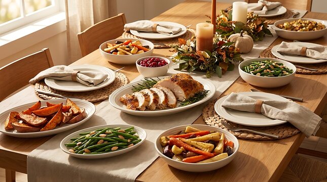Traditional thanksgiving dinner table with roasted turkey and fresh vegetables in a dining room. Kosher meal ideas