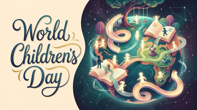 Magical World Children's Day Illustration with Glowing Kids Playing on Earth Globe, Floating Books, and Fantasy Playground for Global Celebration.