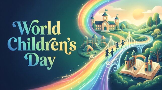 World Children's Day Celebration Banner with Rainbow Path, School Castle, Open Storybook, and Kids Silhouettes for Education and Childhood Concept