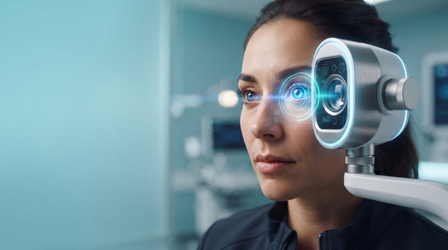 Woman undergoing advanced eye exam with futuristic medical technology