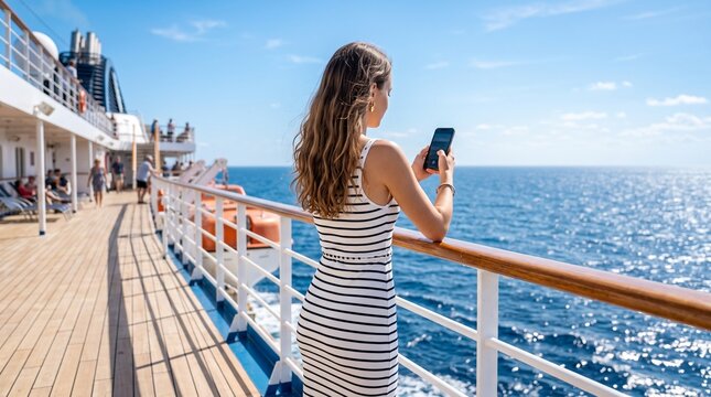 Woman Using Smartphone on Cruise Ship Deck Overlooking Ocean