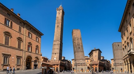 Medieval leaning towers of Bologna in a historic Italian city square under a clear blue sky.