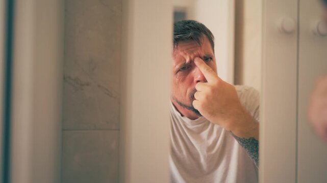 Man closely examining wrinkles and fine lines in bathroom mirror with worried expression, representing aging concerns, anti-aging skincare, facial care and changing appearance